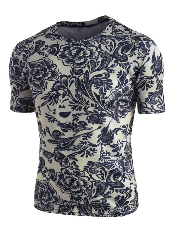 T-shirt Rétro Fleur Imprimé Manches Courtes à Col Rond - Gris argenté 3XL