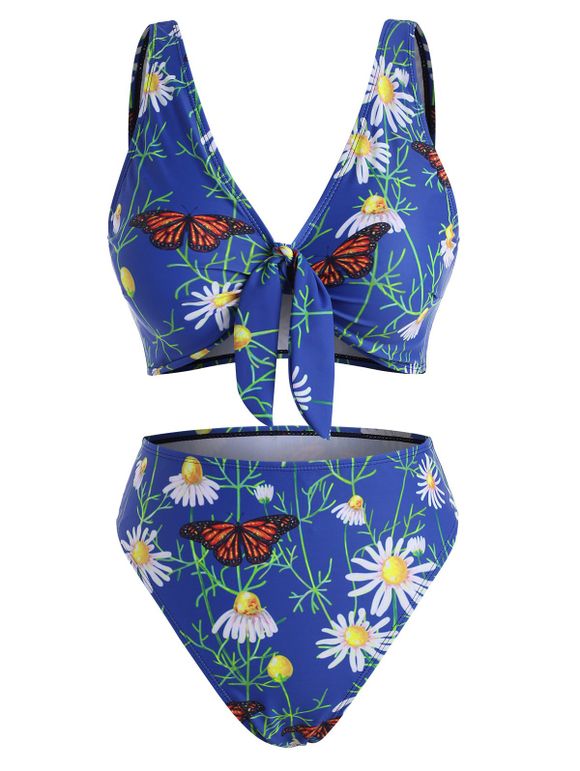 Maillot de Bain Bikini à Imprimé Marguerite Fleur et Papillon à Jambe Haute - Bleu M