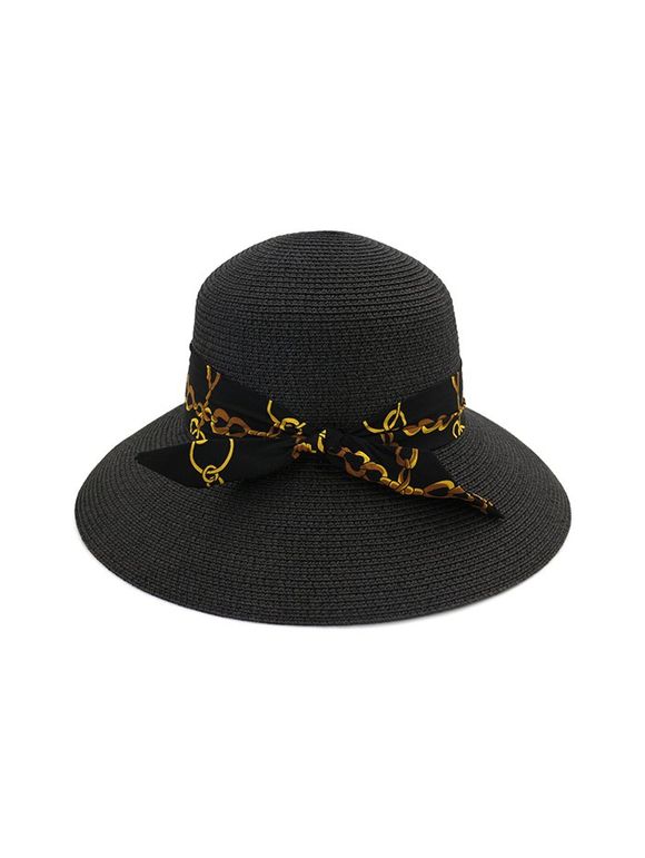 Chain Print Bowknot Wide Brim Straw Hat - BLACK 