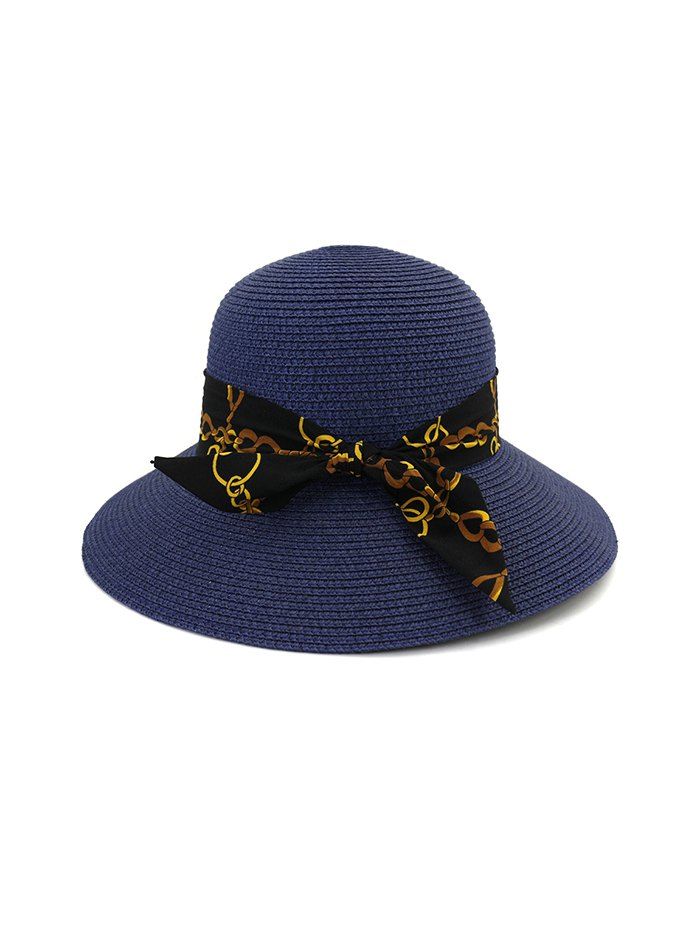 

Chain Print Bowknot Wide Brim Straw Hat, Cadetblue