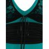 Ruched Colorblock Cami Dress and Lace Sheer Long Sleeve Top See Thru Fit and Flare Dress Set - MEDIUM TURQUOISE M