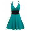 Ruched Colorblock Cami Dress and Lace Sheer Long Sleeve Top See Thru Fit and Flare Dress Set - MEDIUM TURQUOISE M