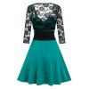 Ruched Colorblock Cami Dress and Lace Sheer Long Sleeve Top See Thru Fit and Flare Dress Set - MEDIUM TURQUOISE L
