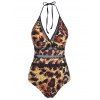 Plunge Leopard Swimwear Backless Crochet Panel Halter One-piece Swimsuit - DEEP YELLOW S