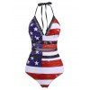 Maillot de Bain Drapeau Américain Découpé Noué Panneau au Crochet Une-Pièce - Rouge 2XL