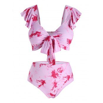 

Plus Size Tie Dye Ruffled High Rise Two Piece Swimwear, Pink