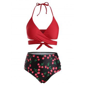 

Plus Size Cherry Print Wrap Tankini Swimwear, Red