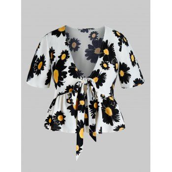 Image of Plus Size Flower Print Knot Plunge Peplum Top