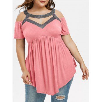 

Sparkly Cut Out Open Shoulder Plus Size Top, Light pink