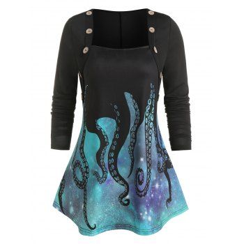 Image of Buttons Square Collar Octopus Leg Print Top