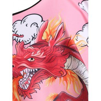 

Plus Size Oriental Dragon Print Ruffled Tankini Swimwear, Pink