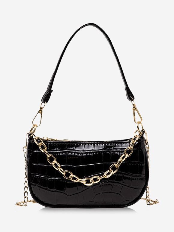 Sac à Bandoulière Texturé en Couleur Unie avec Chaîne - Noir 