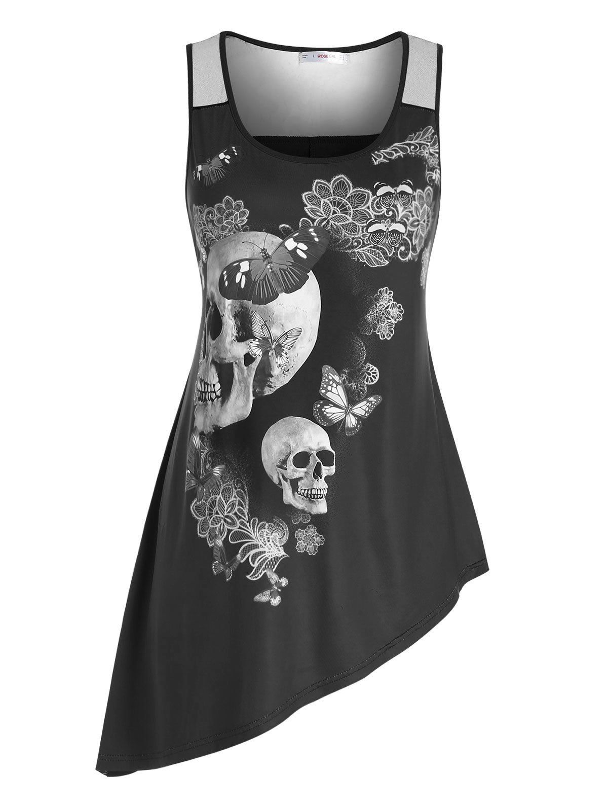 

Plus Size Skull Floral Print Asymmetric Tank Top, Black