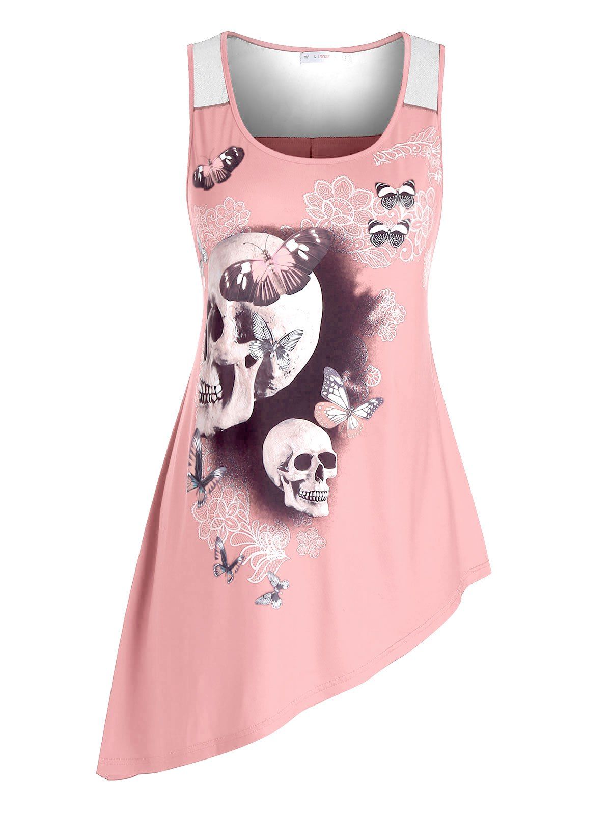 

Plus Size Skull Floral Print Asymmetric Tank Top, Light pink