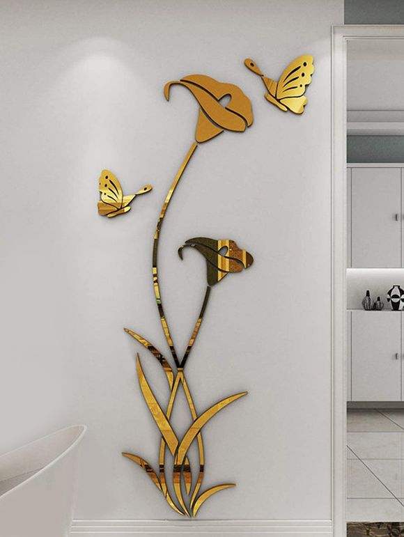 Autocollants Muraux Décoratif Motif de Papillon et de Fleur - d'or 52*100CM