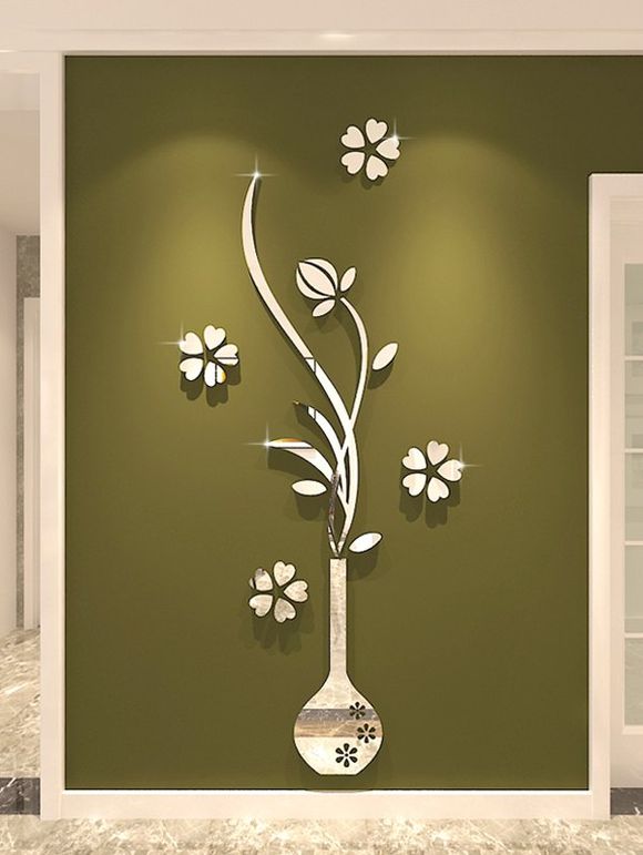 Autocollants Muraux Motif de Vases et de Fleurs 3D Décoration de la Maison - Argent 40*100CM