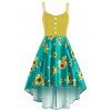 Robe Haute Basse Tournesol Imprimé avec Bouton - Jaune 2XL