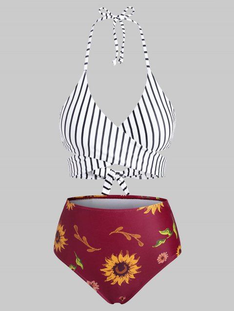 Criss Cross Wrap Vertical Stripes Sunflower Bikini Swimwear