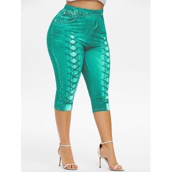 

Plus Size 3D Lace Up Jean Print Cropped Leggings, Macaw blue green