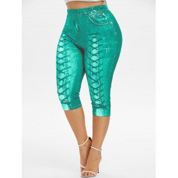 

Plus Size 3D Lace Up Jean Print Cropped Leggings, Macaw blue green
