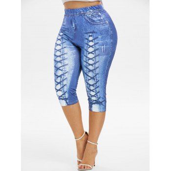 

Plus Size 3D Lace Up Jean Print Cropped Leggings, Pastel blue