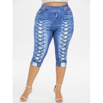 

Plus Size 3D Lace Up Jean Print Cropped Leggings, Pastel blue