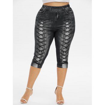 

Plus Size 3D Lace Up Jean Print Cropped Leggings, Night