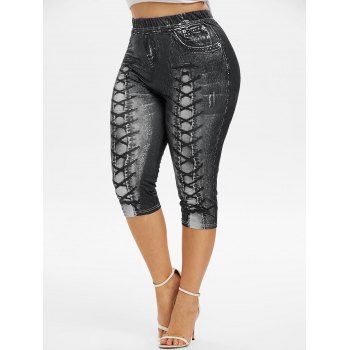 

Plus Size 3D Lace Up Jean Print Cropped Leggings, Night
