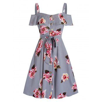 

Flower Print Open Shoulder Belted Dress, Gray