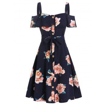 

Flower Print Open Shoulder Belted Dress, Cadetblue