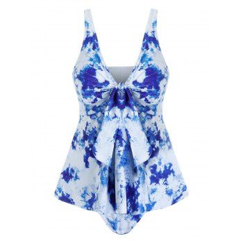 

Plus Size Tie Front Tie Dye Tankini Swimwear, White