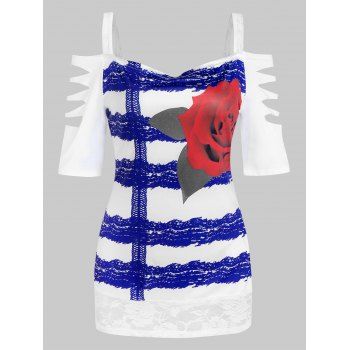 

Flower Print Lace Insert Cold Shoulder Ripped T-shirt, Blue