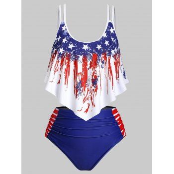 

Heart American Flag Overlay Flounces Ruched Plus Size Tankini Swimwear, Deep blue