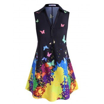 

Plus Size Butterfly Print Paint Splatter Henley Blouse, Black