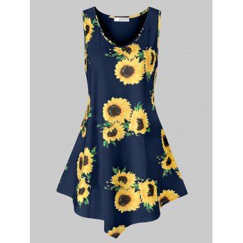 

Plus Size Sunflower Print Asymmetric Tank Top, Deep blue