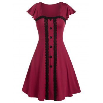 

Square Collar Flare Sleeve Mock Button Mini Vintage Dress, Red wine