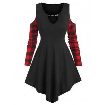 

Plaid Print Chain Detail Cold Shoulder T-shirt, Black