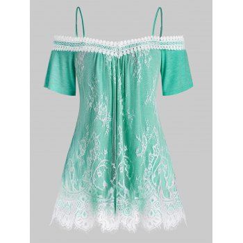 

Plus Size Open Shoulder Lace Overlay T Shirt, Light aquamarine