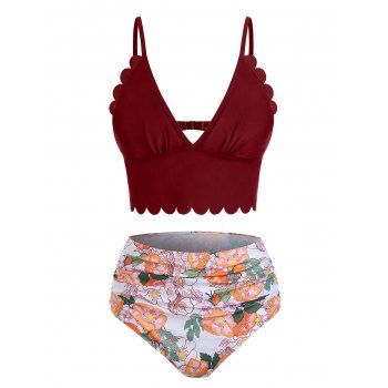 

Floral Tankini Swimwear Tummy Control Swimsuit Scalloped Ruched High Waisted Beach Bathing Suit, Deep red