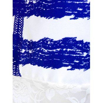 

Flower Print Lace Insert Cold Shoulder Ripped T-shirt, Blue