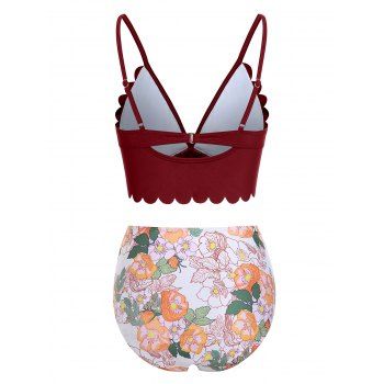 Floral Tankini Swimwear Tummy Control Swimsuit Scalloped Ruched High Waisted Beach Bathing Suit 