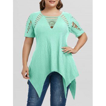 

Plus Size Asymmetric Ribbed Ripped Cutout Tunic Tee, Light aquamarine