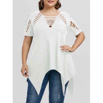 

Plus Size Asymmetric Ribbed Ripped Cutout Tunic Tee, White