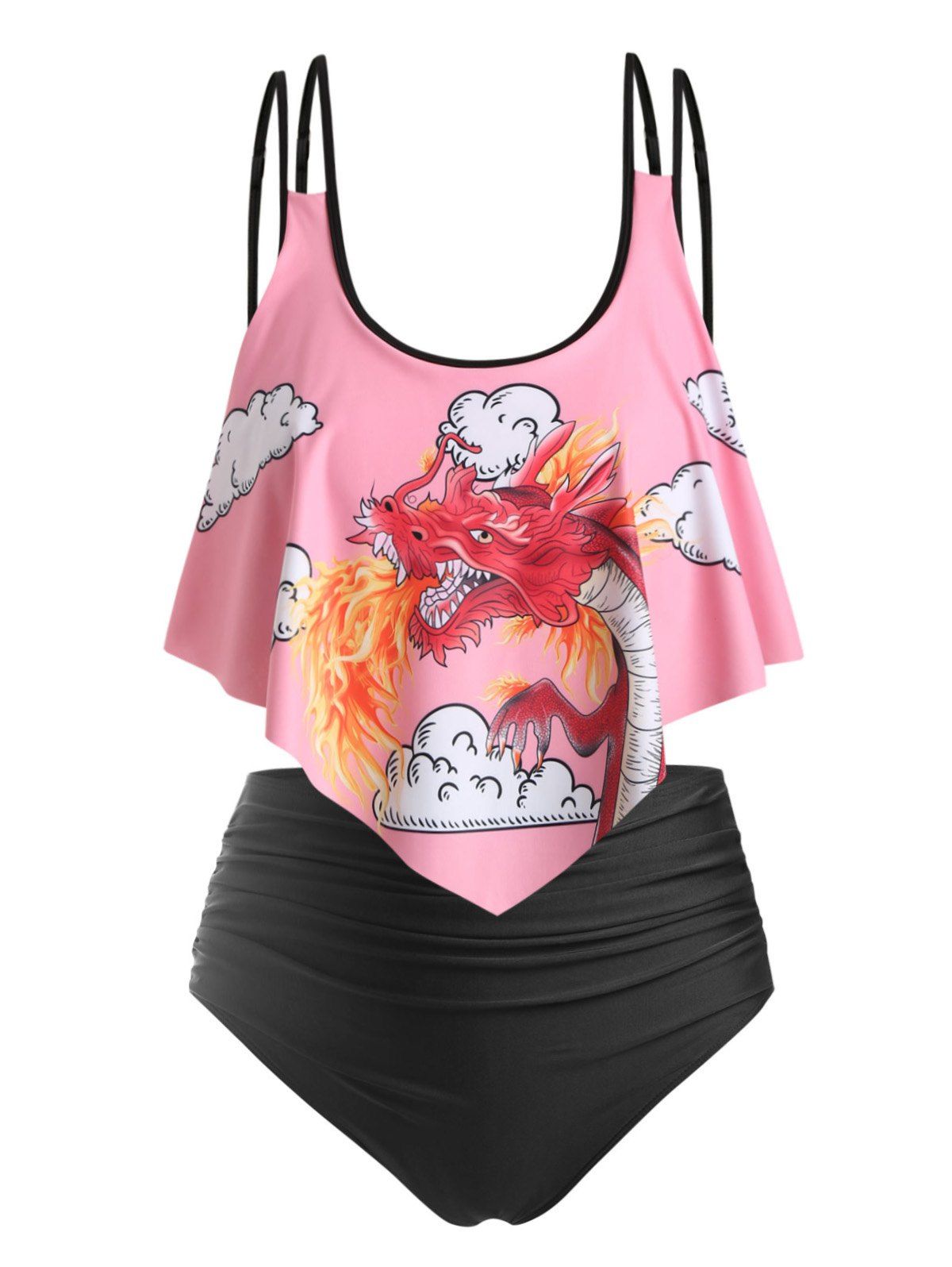 Plus Size Oriental Dragon Print Ruffled Tankini Swimwear - PINK 5X