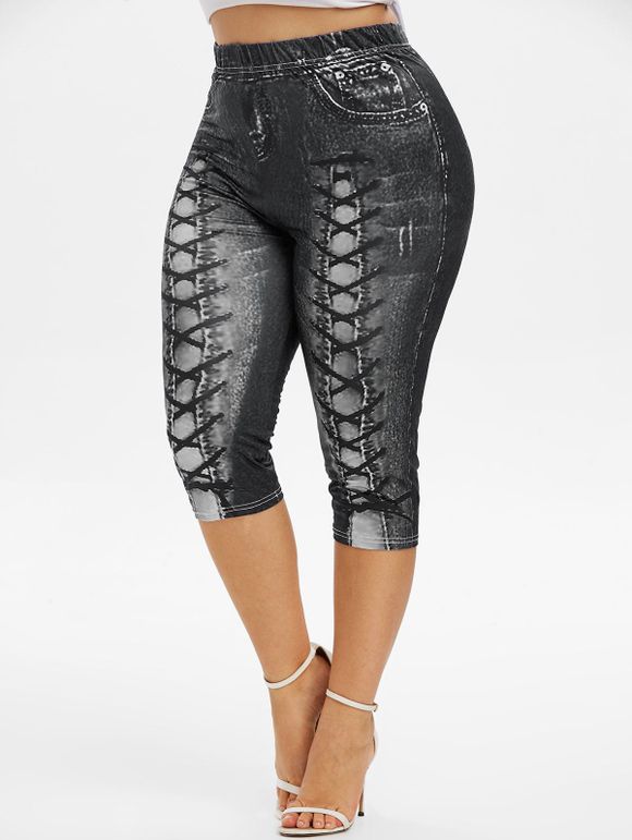 Legging Court 3D Jean Imprimé de Grande Taille à Lacets - Nuit 5X