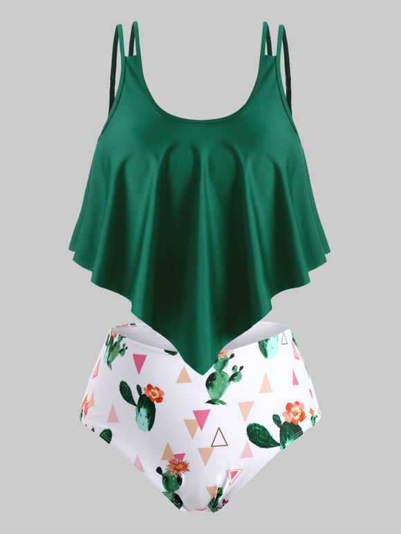 Maillot de Bain Tankini Fleuri Cactus Imprimé Superposé de Grande Taille à Volants - Vert profond 5X