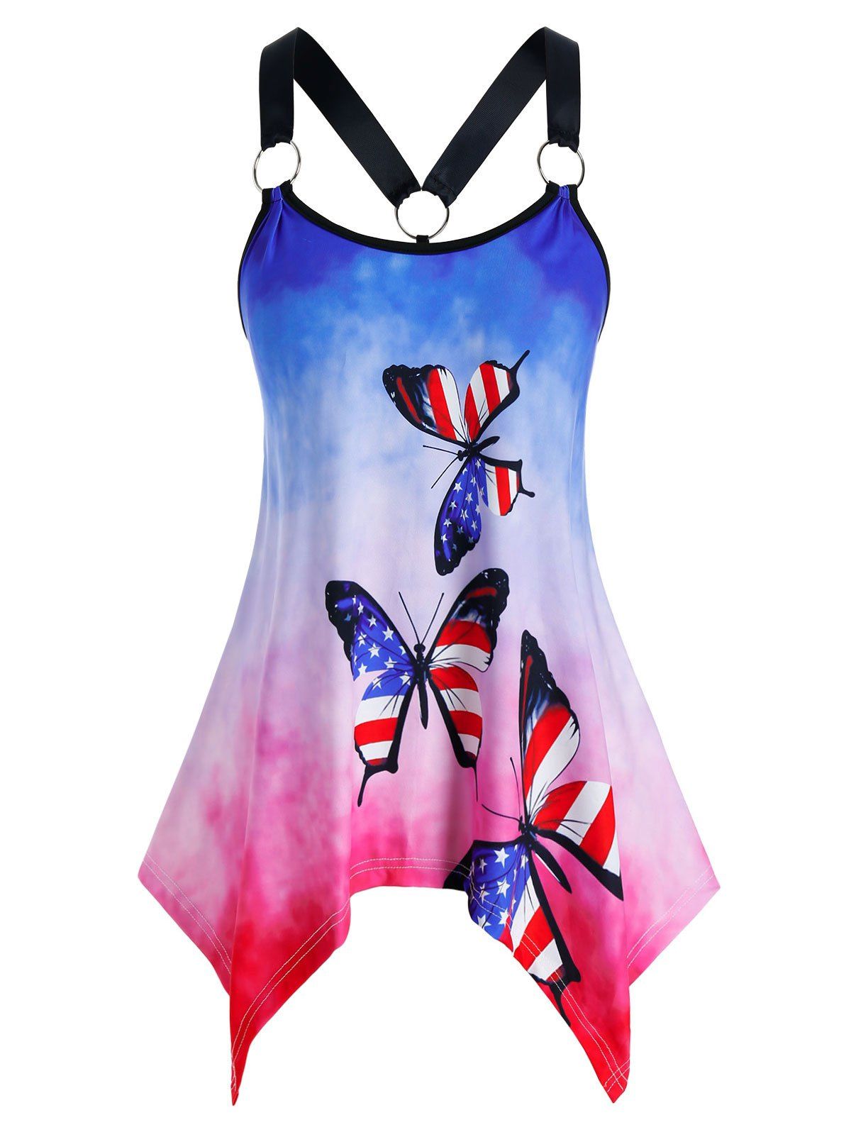 

Plus Size American Flag Butterfly Hanky Hem Tie Dye Tank Top, Multi