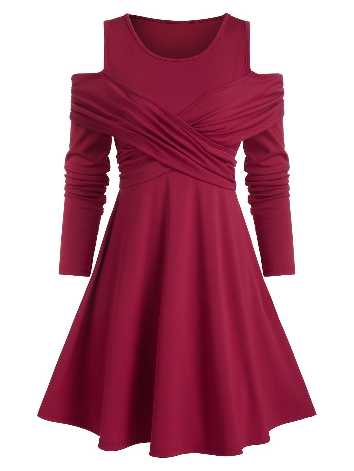 Crisscross Cold Shoulder Mini Long Sleeve Dress - RED 3XL