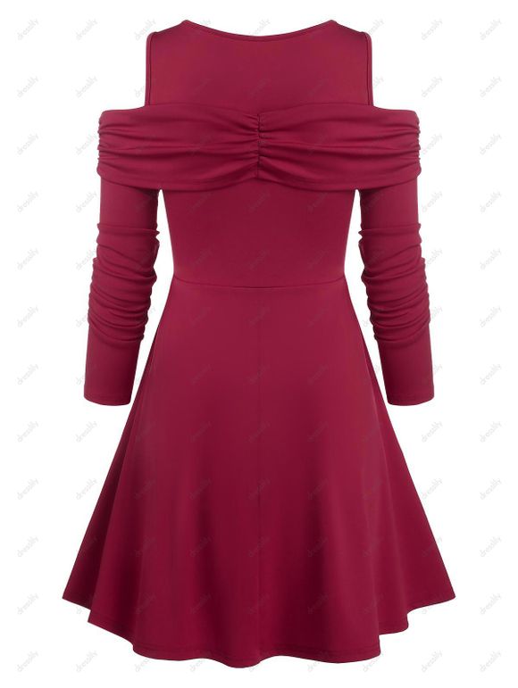 Mini Robe Croisée à Epaule Ouverte à Manches Longues - Rouge XL