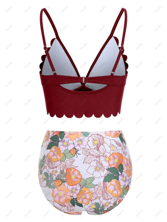Maillot de Bain Tankini Contrôle du Ventre Festonné à Imprimé Fleuri à Taille Haute de Plage - Rouge foncé M